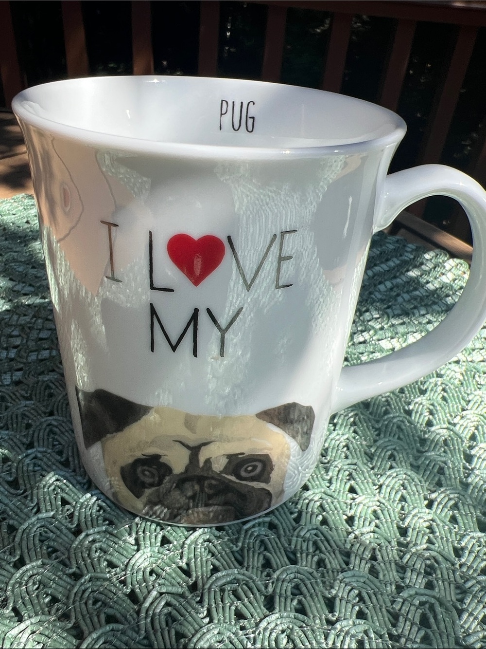 NWT Retired Fringe Studio White Pug Ceramic Mug with Red Heart Accent.